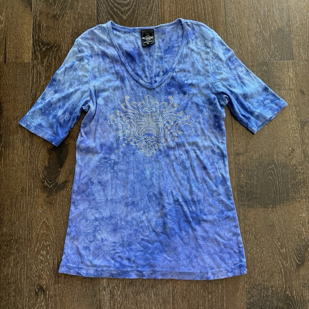 VTG Y2K Sledge USA Women's T-Shirt Sz XL Blue Tie Dye Rhinestones Embellished